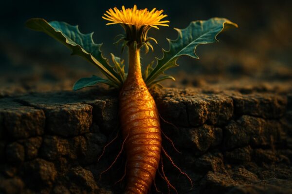 Close-up of a dandelion taproot pulled from dark soil, showing the thick white root against brown earth.