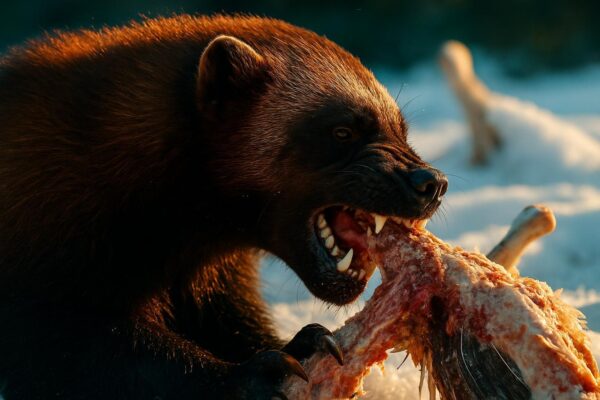 Close-up of a wolverines open jaw showing teeth against a snowy boreal forest background.