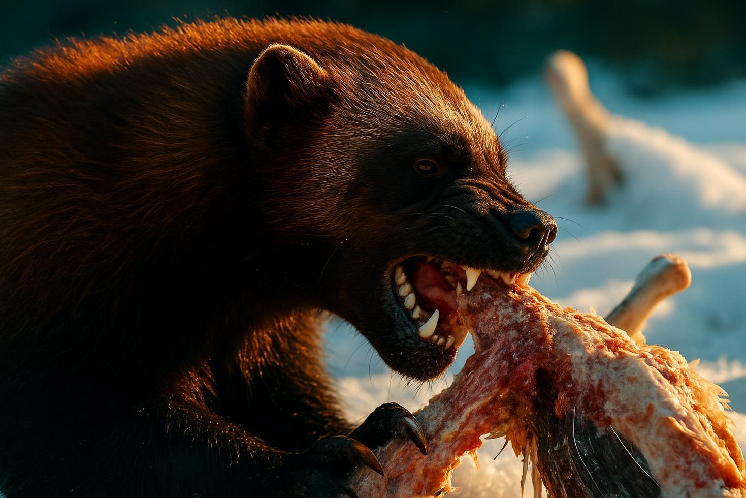 Close-up of a wolverines open jaw showing teeth against a snowy boreal forest background.