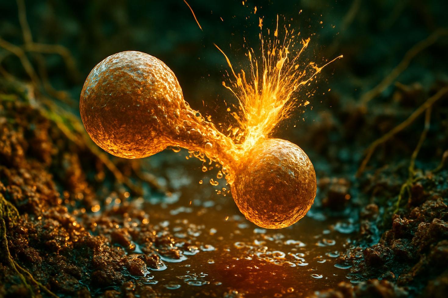 Cross-section diagram of waterlogged soil showing iron and manganese particles beside a plant root in saturated brown earth.