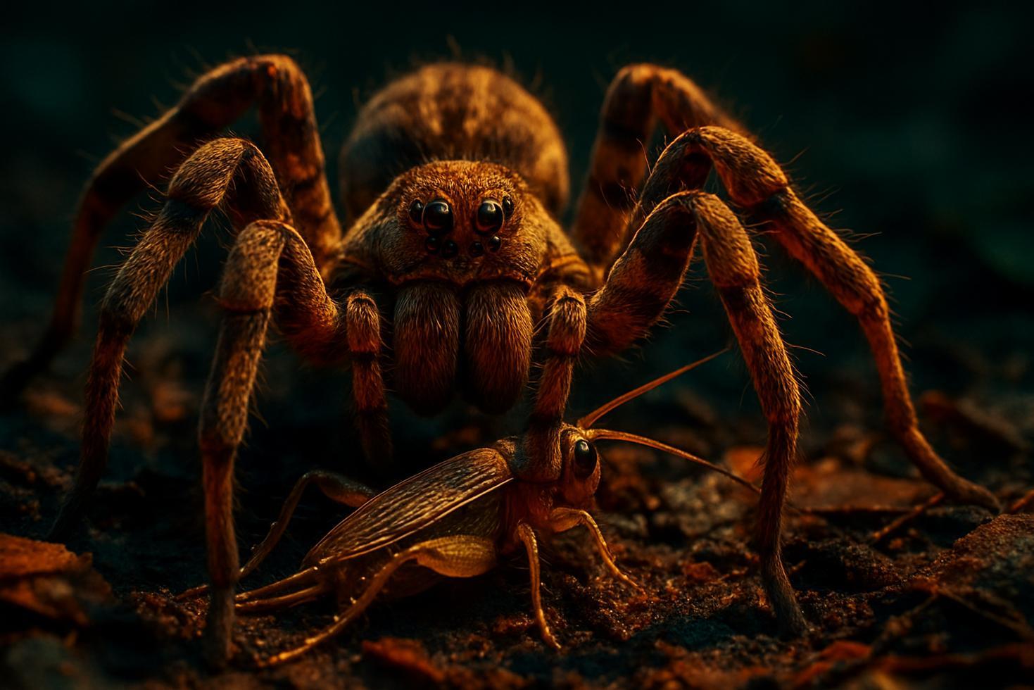 Close-up of a wolf spider on dark soil, showing its large forward-facing eyes and alert posture at ground level.