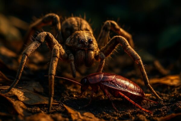 A wolf spider with eight eyes visible, standing on dark soil among leaf litter at night.