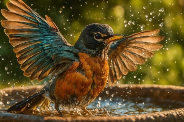 A small songbird mid-splash in a shallow stone birdbath, water droplets spraying outward against a blurred green background.