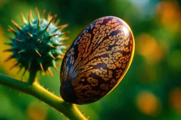 Close-up of shiny brown and black mottled castor bean seeds spilling from an open seed pod on a white surface.