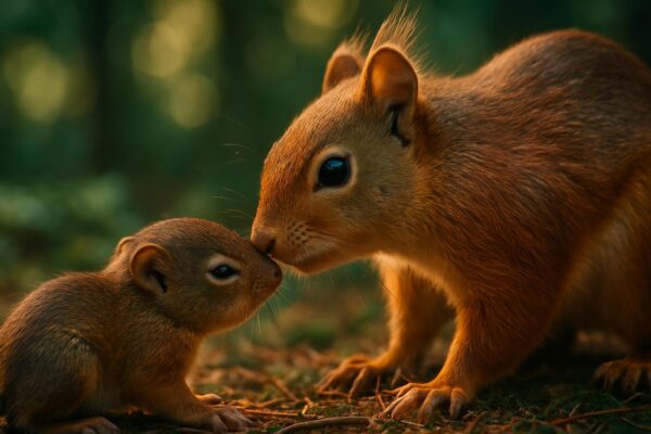 A red squirrel nursing small pups in a nest of leaves and bark, photographed close up in natural light.