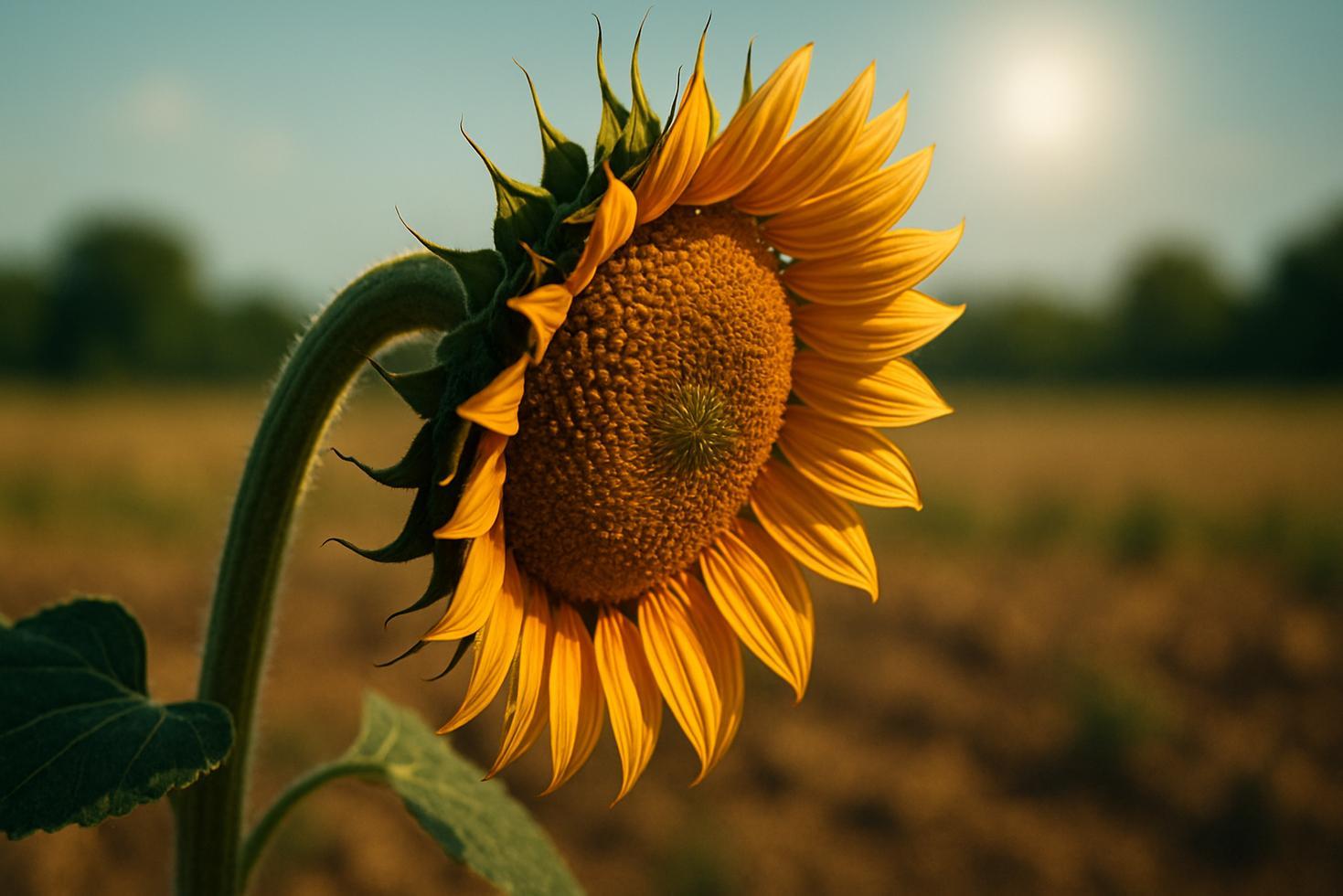 Young sunflower stem bending eastward in early morning light, showing differential growth on each side of the stalk.