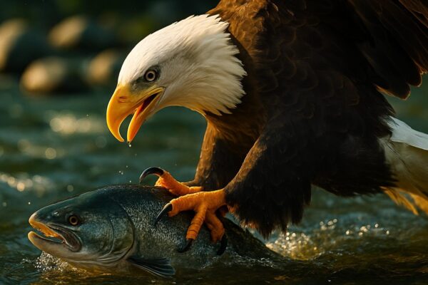Close-up of a bald eagles curved talons and textured toes gripping a wet fish above a river surface