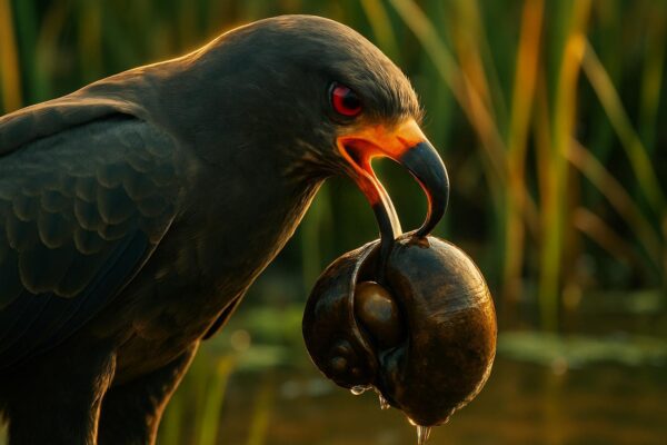 Florida snail kite perched on a branch, showing its distinctive hooked bill curved for extracting snails from shells