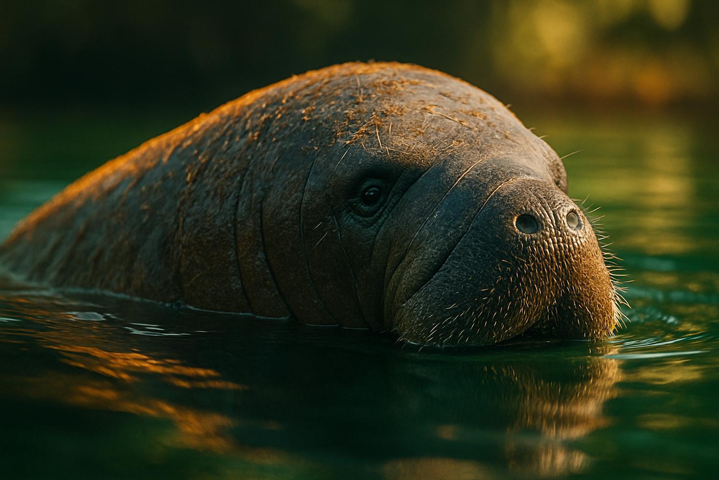 A Florida manatee swimming slowly near the surface in clear warm water, showing healed propeller scars across its back.