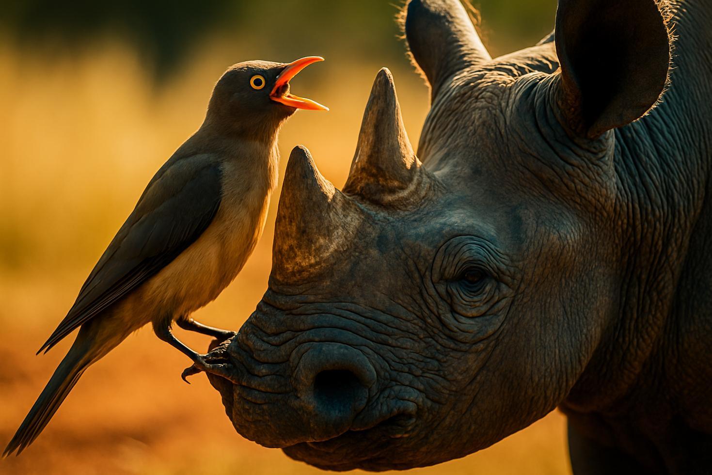 A red-billed oxpecker perched on the back of a black rhino in African savanna, alert posture, facing outward.
