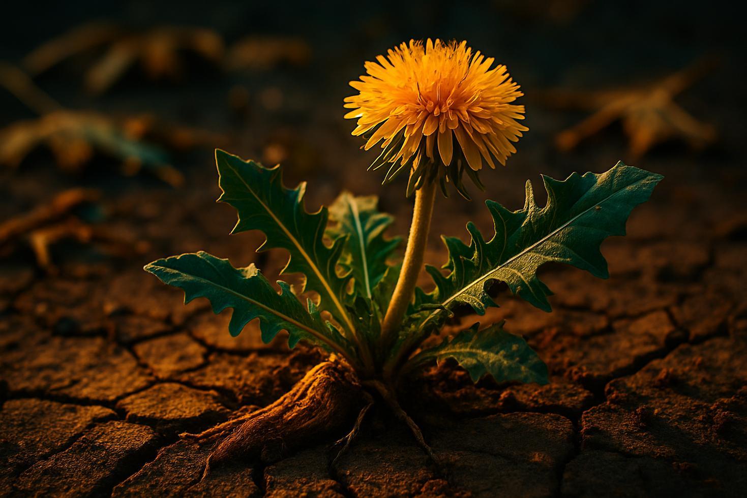 Close-up of a dandelion plant showing scorched brown leaves at soil level with intact root and taproot visible below ground.