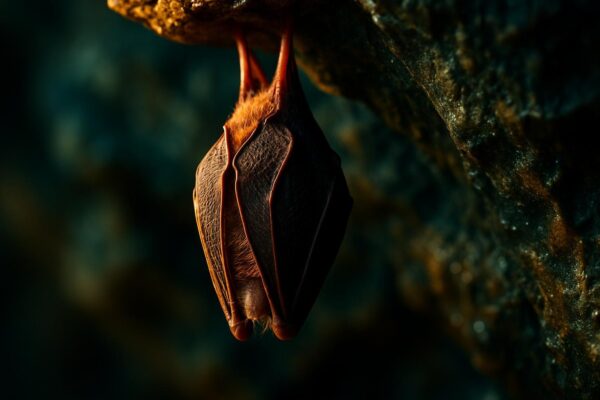 A brown bat clinging to a limestone cave wall among a cluster of hibernating bats in low light.