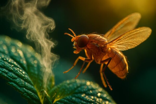 Close-up of peppermint leaves with a small fruit fly hovering nearby, not landing, against a blurred green background.