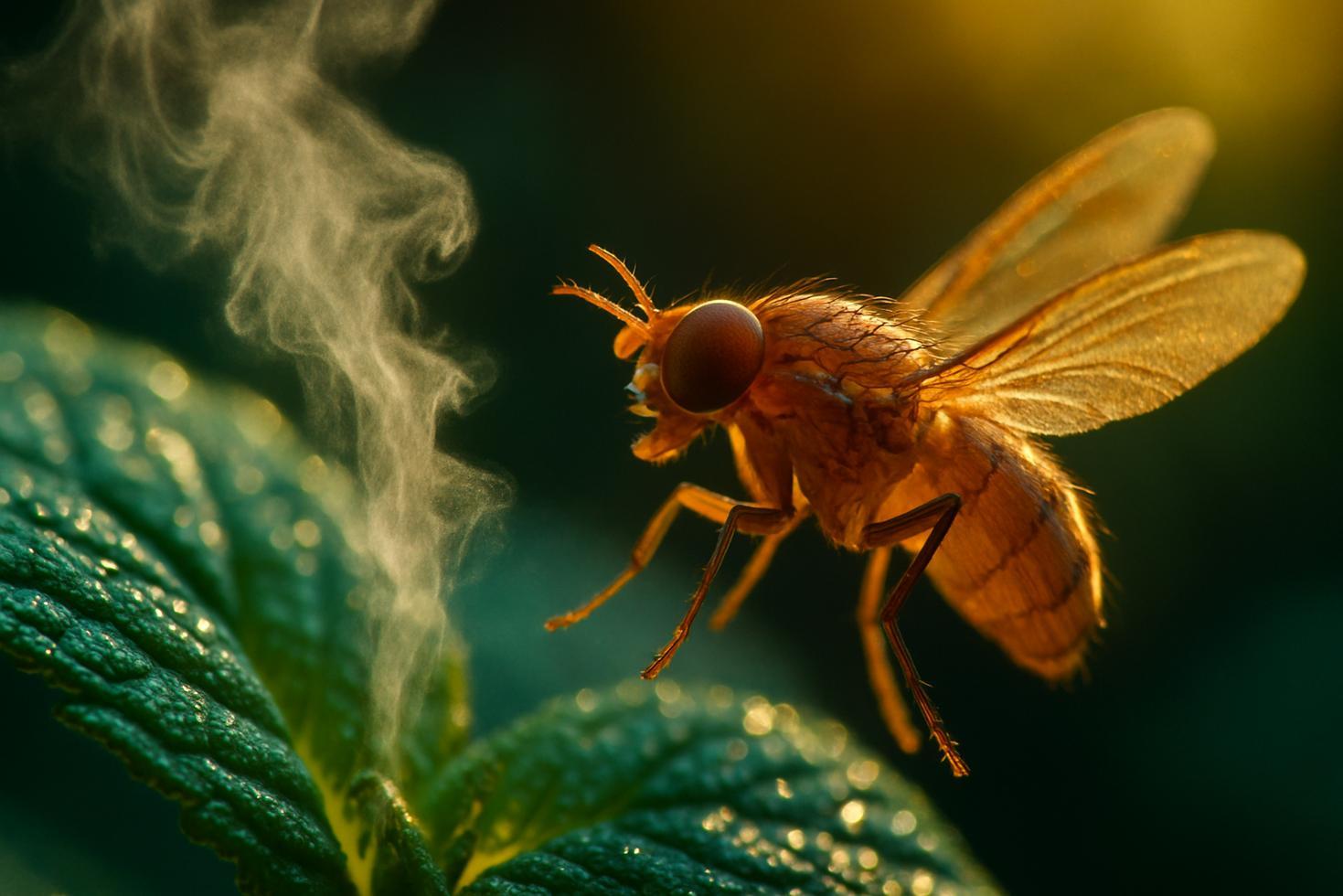 Close-up of peppermint leaves with a small fruit fly hovering nearby, not landing, against a blurred green background.