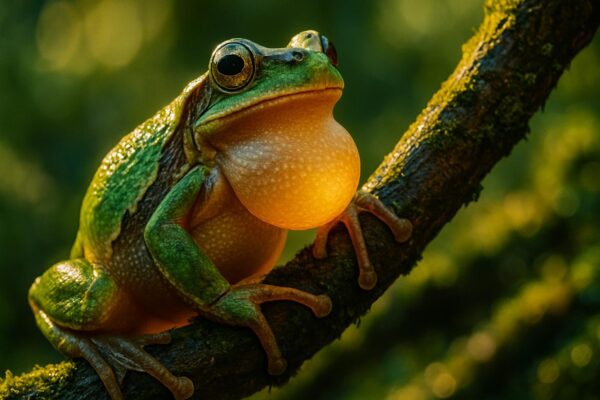 Close-up of a Japanese tree frog perched on a green leaf, showing textured skin and large eyes.