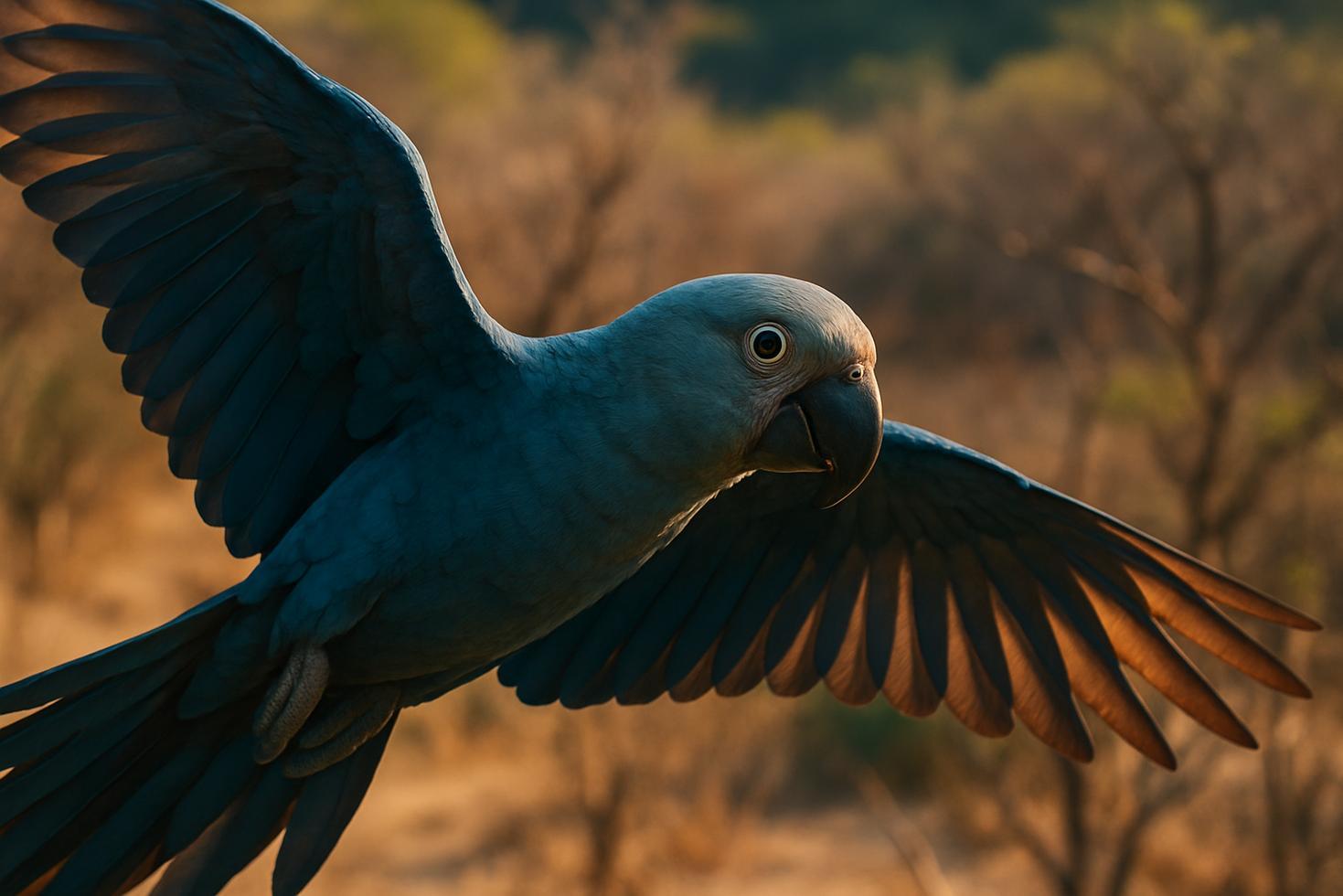 A vivid blue Spixs macaw perched on a branch in dry caatinga scrubland, with thorny vegetation in the background.