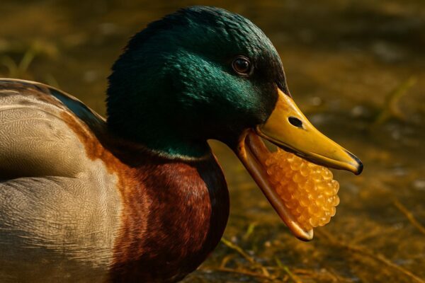 A mallard duck swimming on a calm pond with reeds in the background, viewed from water level.