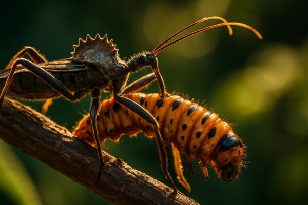 Close-up of a gray-brown wheel bug gripping a caterpillar on a garden stem, its gear-shaped thoracic crest visible