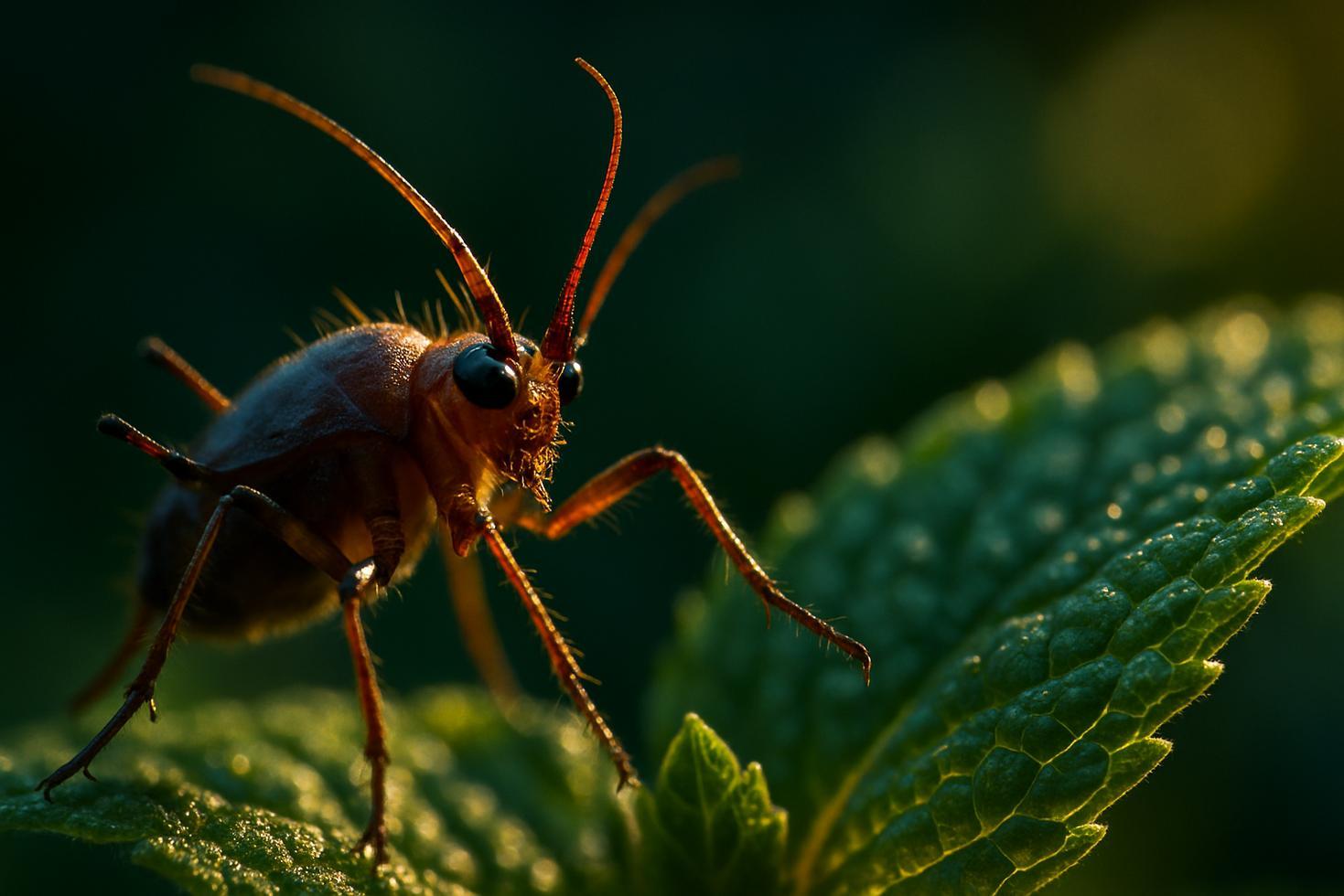 Close-up of peppermint leaves with visible oil glands, surrounded by a few mosquitoes and small insects in mid-air.