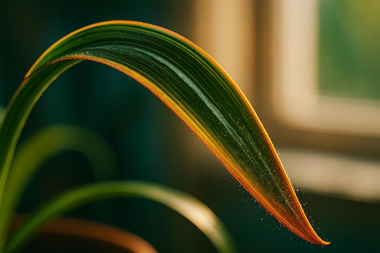 Close-up of a spider plant showing dust particles visible on both the top and underside of long arching green leaves.