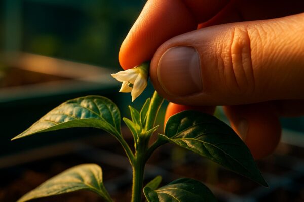 Close-up of a small yellow pepper flower bud being pinched off a green pepper plant stem by hand.