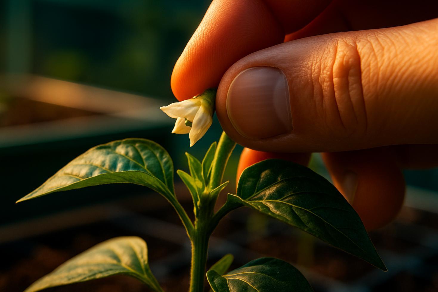 Close-up of a small yellow pepper flower bud being pinched off a green pepper plant stem by hand.