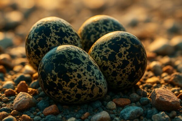 Close-up of four killdeer eggs resting in a shallow gravel scrape, their brown and black speckled shells blending into the surrounding stones.