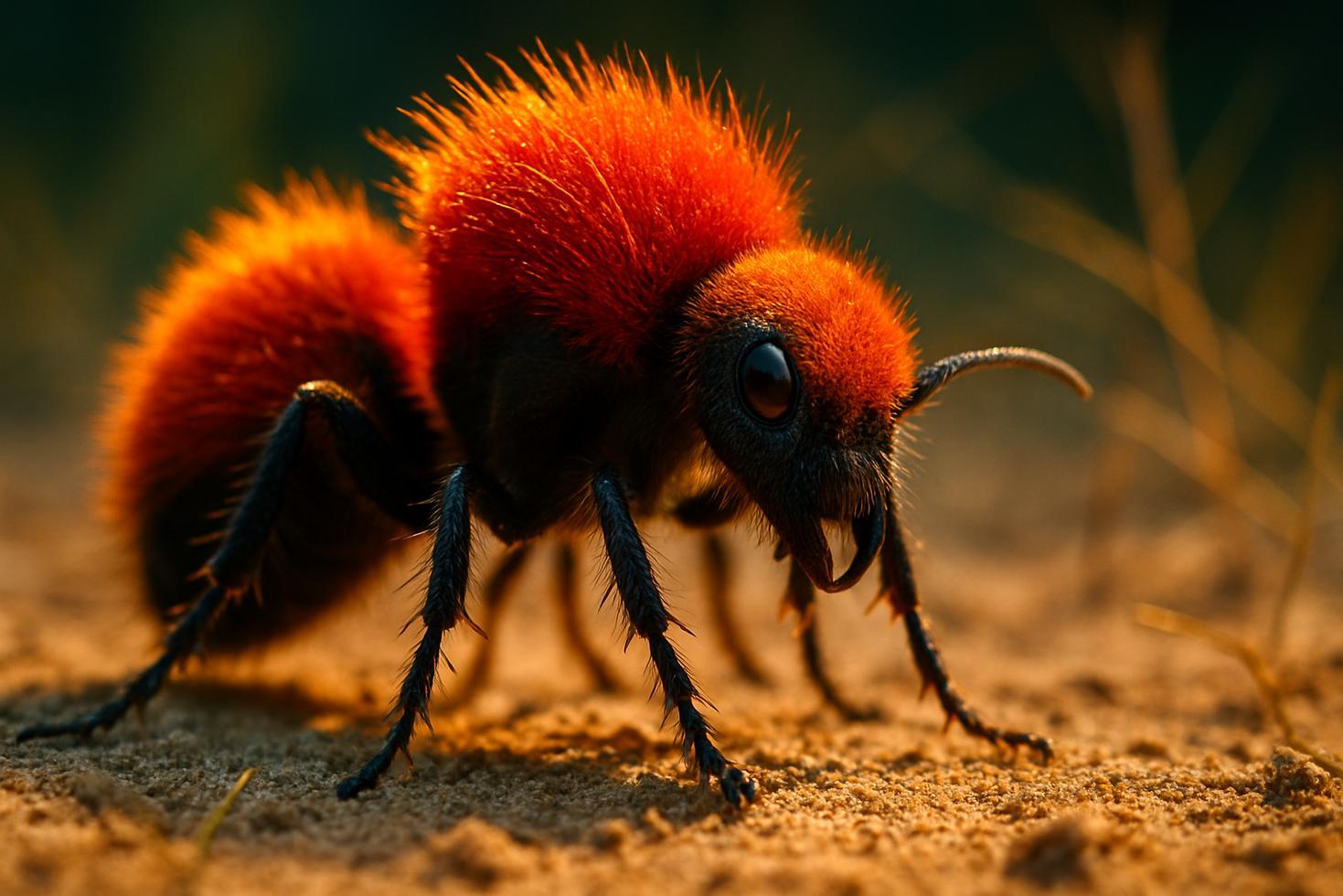 Close-up of a wingless female velvet ant with bright red-orange setae walking across dry sandy soil.