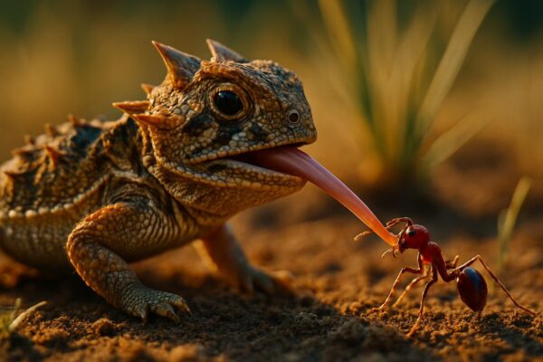 A spiny Texas horned lizard resting on dry red soil surrounded by sparse native grass and a visible harvester ant mound.