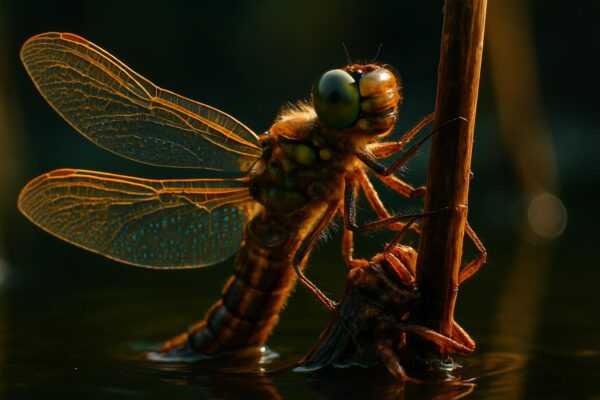 A dragonfly nymph clinging to a reed stem at the waters surface, its larval skin split along the back during emergence.