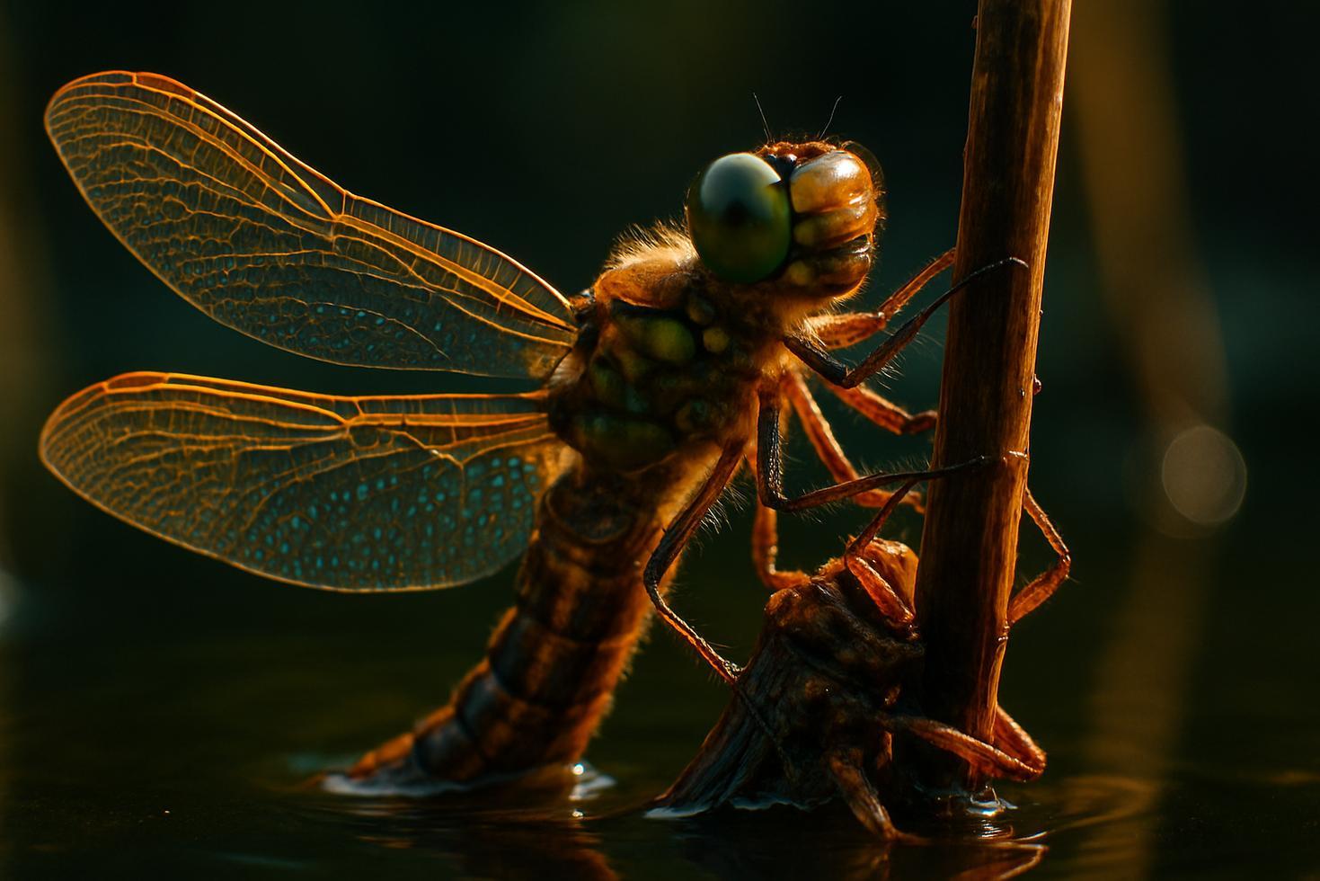 A dragonfly nymph clinging to a reed stem at the waters surface, its larval skin split along the back during emergence.