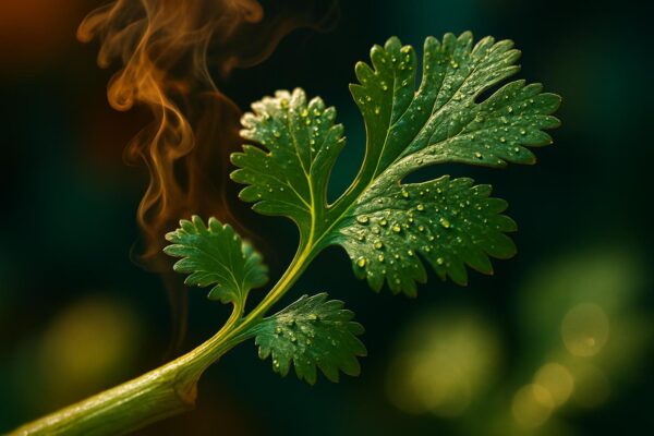 Close-up of fresh cilantro leaves on a white surface next to a molecular diagram illustration of aldehyde compounds.