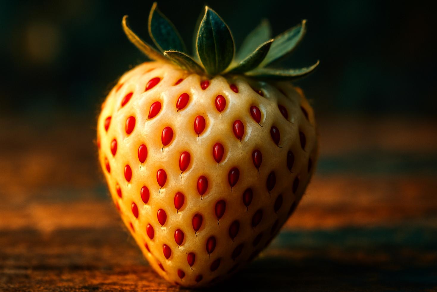 Close-up of pineberries showing pale white flesh with bright red achenes dotting the surface, held in a small wooden bowl.