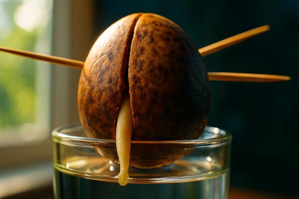 An avocado pit suspended by toothpicks over a glass of water, showing a crack at the flat bottom end with a pale root emerging.
