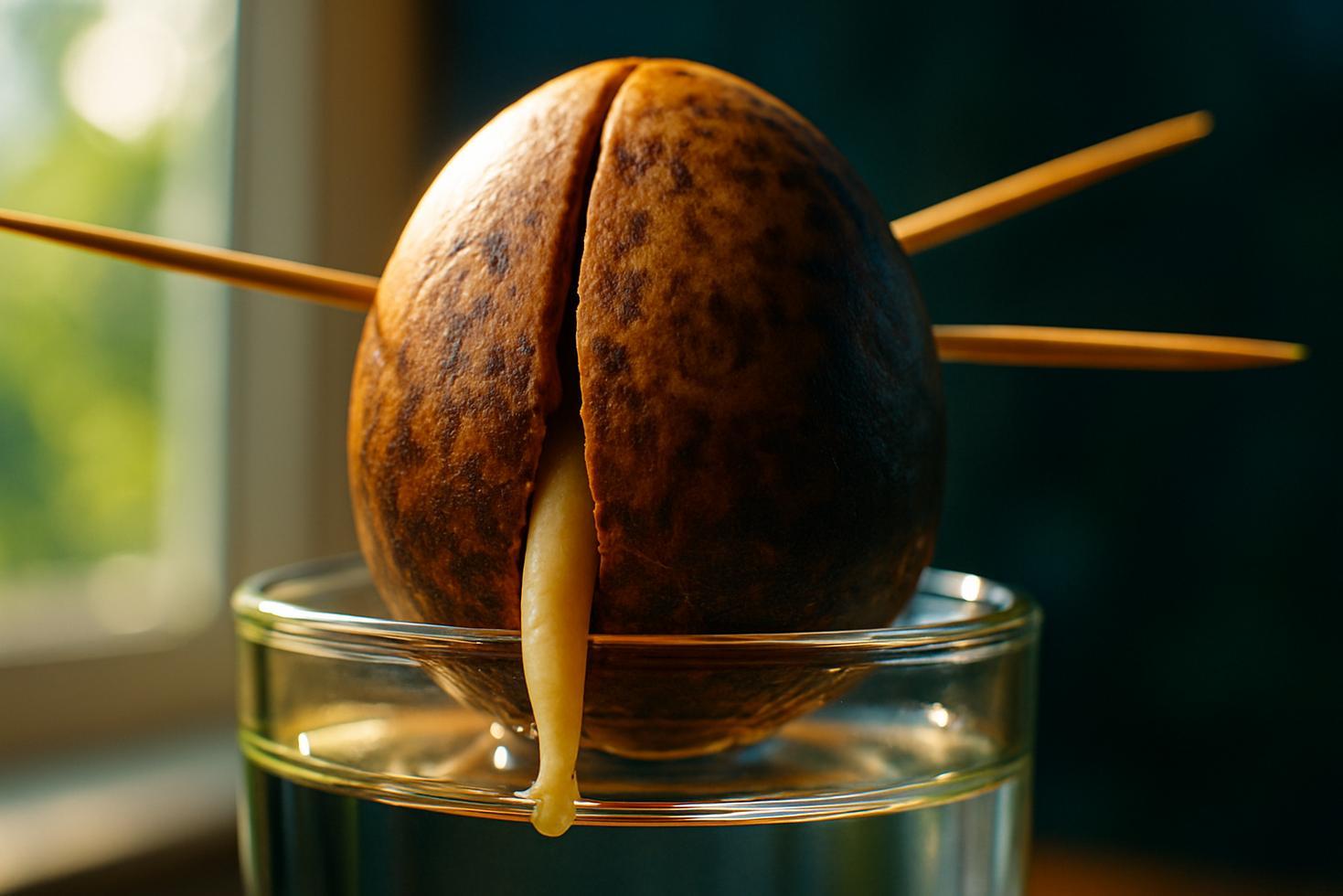 An avocado pit suspended by toothpicks over a glass of water, showing a crack at the flat bottom end with a pale root emerging.
