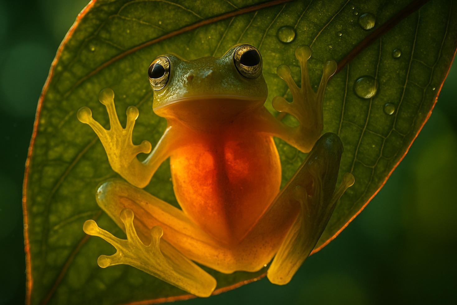 A small glass frog resting on a green leaf, its translucent body revealing internal organs through pale, almost invisible skin.