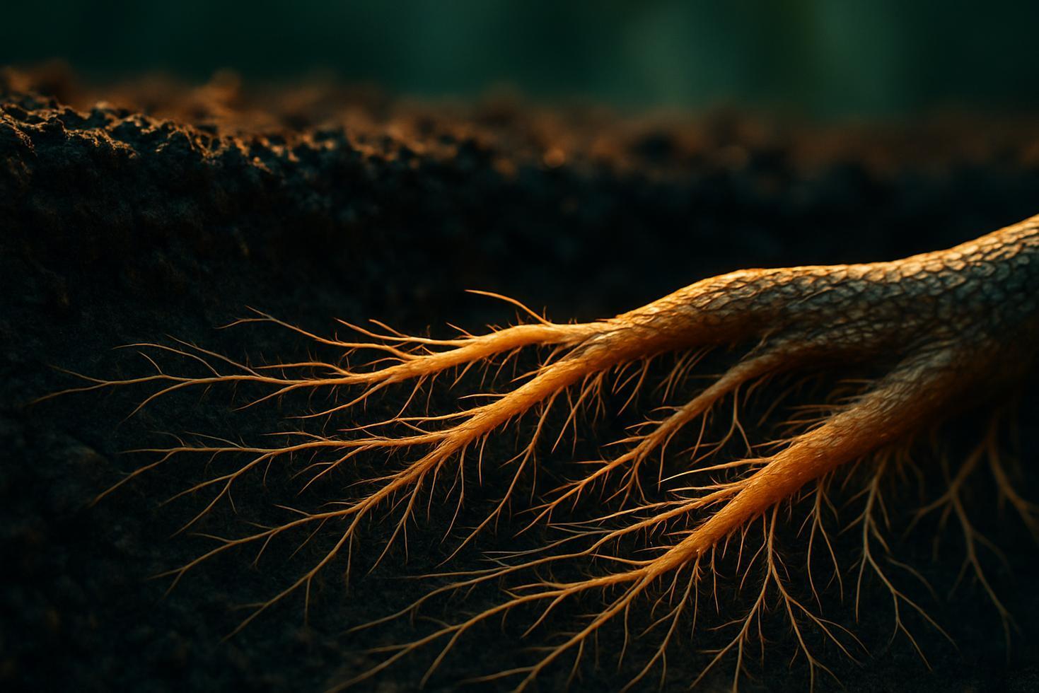 Close-up of shallow avocado feeder roots spreading horizontally just beneath loose soil surface near a tree trunk.