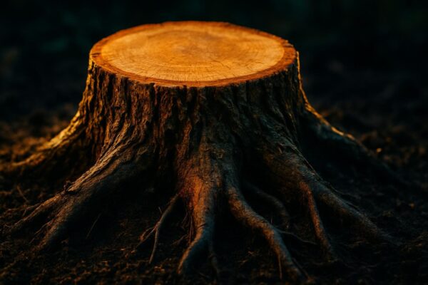 Cross-section illustration of black walnut stump with decaying roots in soil, showing toxin release zone around root network.