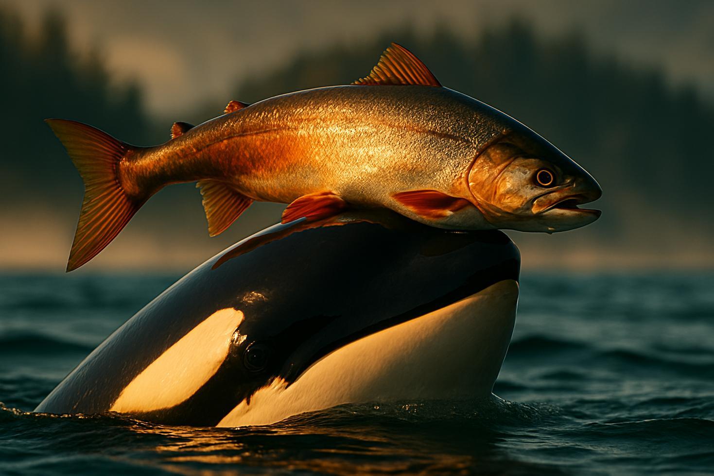 Southern resident orca swimming near the surface in Puget Sound with a dead salmon balanced on its nose