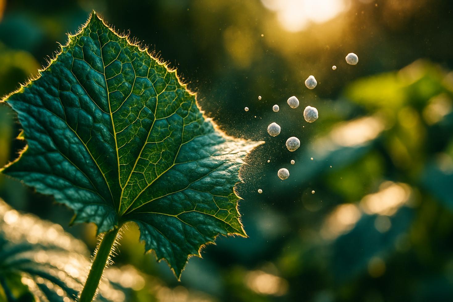Close-up of a cucumber leaf with early powdery mildew white patches next to a spray bottle of diluted milk solution.