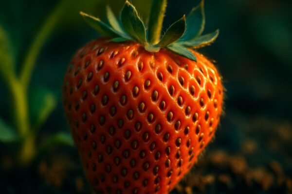 Close-up of a ripe red strawberry showing the small yellow achenes dotting the surface against bright red receptacle flesh.