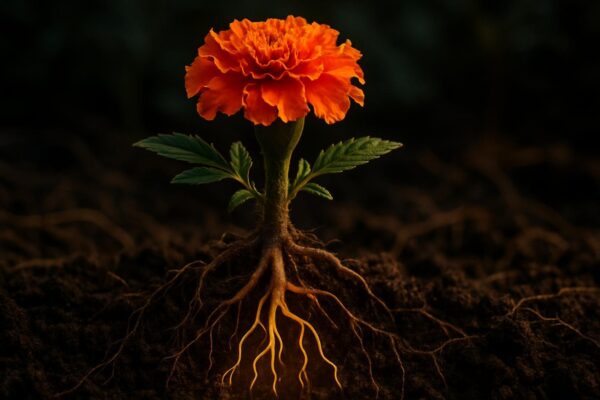 Close-up of marigold roots in dark garden soil with visible root structure spreading below the surface.