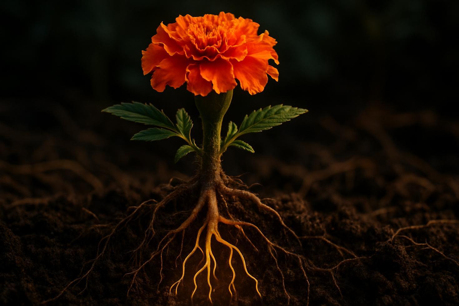 Close-up of marigold roots in dark garden soil with visible root structure spreading below the surface.