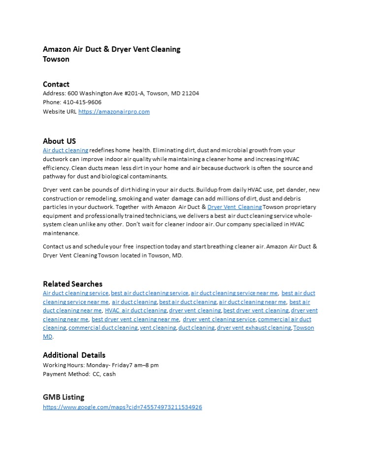 Amazon Air Duct & Dryer Vent Cleaning Towson