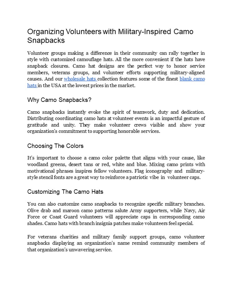 Organizing Volunteers with Military-Inspired Camo Snapbacks