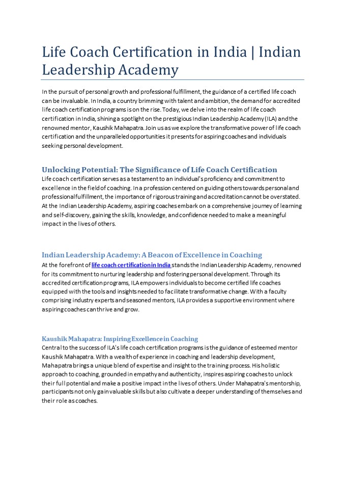 Life Coach Certification in India | Indian Leadership Academy