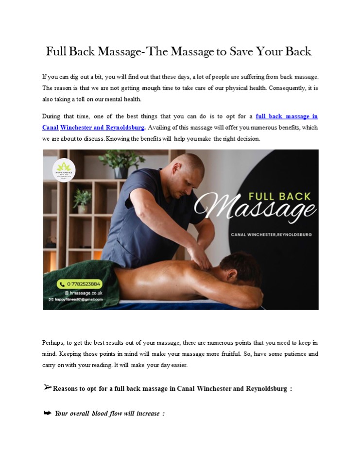 Full Back & arm massage Canal Winchester, Reynoldsburg - hmassage