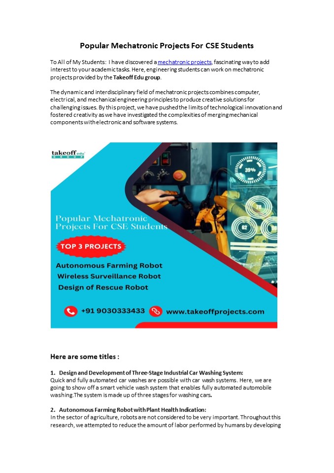 Popular mechatronic projects For CSE students