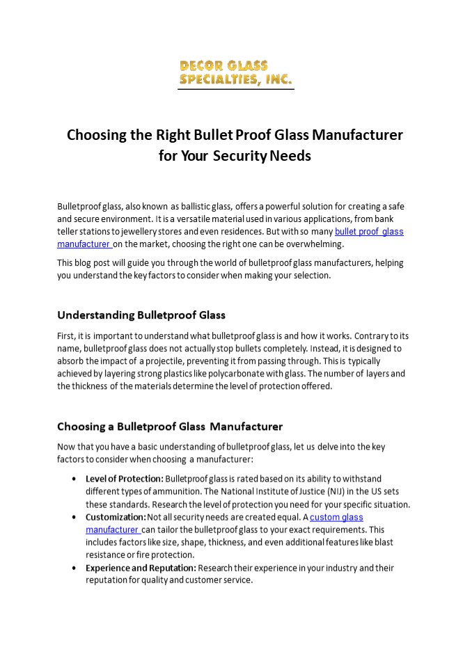 Choosing the Right Bullet Proof Glass Manufacturer for Your Security Needs