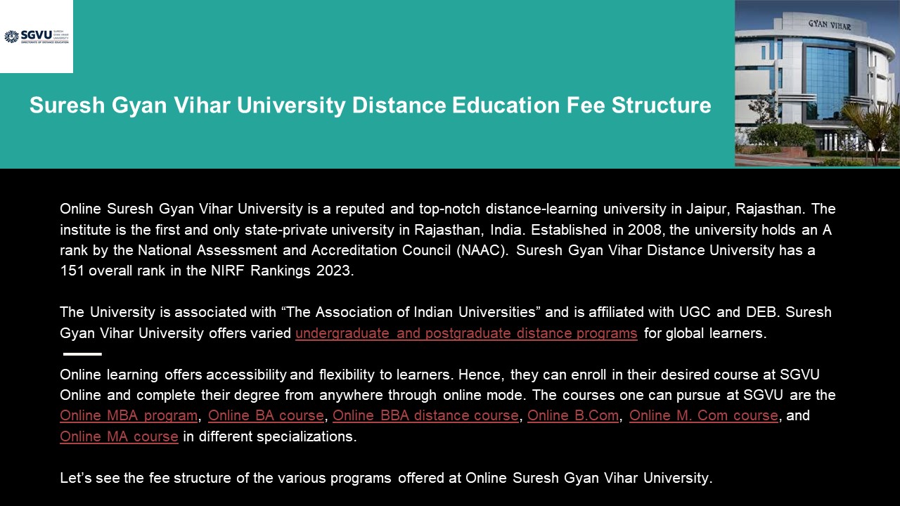 Suresh Gyan Vihar University Distance Education Fee Structure